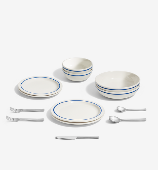 18-Piece Dinnerware + Flatware Set (Serves 2) - Blue / Brushed