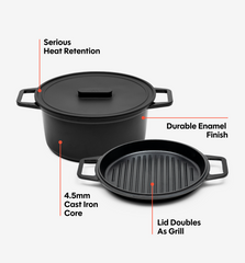 7 QT Enamel Cast-Iron Dutch Oven - Grill & Silicone Lid - Black