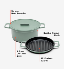 7 QT Enamel Cast-Iron Dutch Oven - Grill & Silicone Lid - Sage