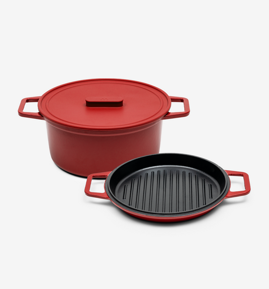 7 QT Enamel Cast-Iron Dutch Oven - Grill & Silicone Lid - Red