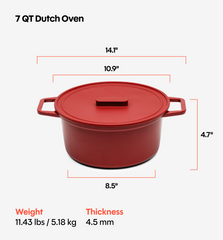 7 QT Enamel Cast-Iron Dutch Oven - Grill & Silicone Lid - Red