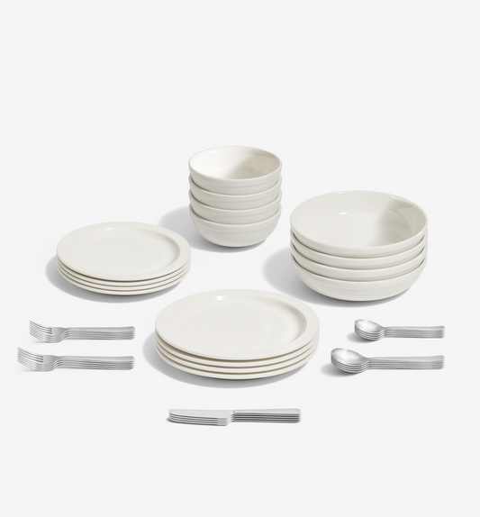 36-Piece Dinnerware + Flatware Set (Serves 4) - White / Brushed