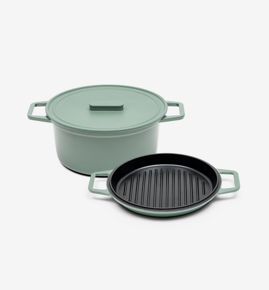 5.5 QT Enamel Cast-Iron Dutch Oven - Grill & Silicone Lid - Sage
