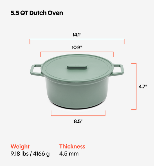 5.5 QT Enamel Cast-Iron Dutch Oven - Grill & Silicone Lid - Sage