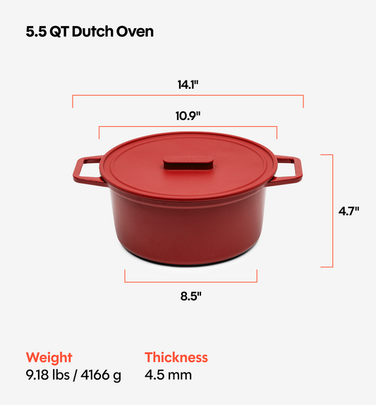 5.5 QT Enamel Cast-Iron Dutch Oven - Grill & Silicone Lid - Red