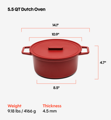 5.5 QT Enamel Cast-Iron Dutch Oven - Grill & Silicone Lid - Red