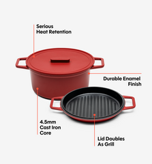 5.5 QT Enamel Cast-Iron Dutch Oven - Grill & Silicone Lid - Red