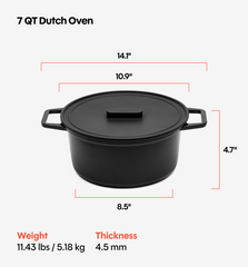 7 QT Enamel Cast-Iron Dutch Oven - Grill & Silicone Lid - Black