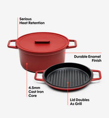 7 QT Enamel Cast-Iron Dutch Oven - Grill & Silicone Lid - Red