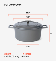 7 QT Enamel Cast-Iron Dutch Oven - Classic Lid - Gray