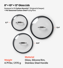 8” + 10” + 12” Pre-Seasoned Carbon Steel Frying Pan + Glass Lids